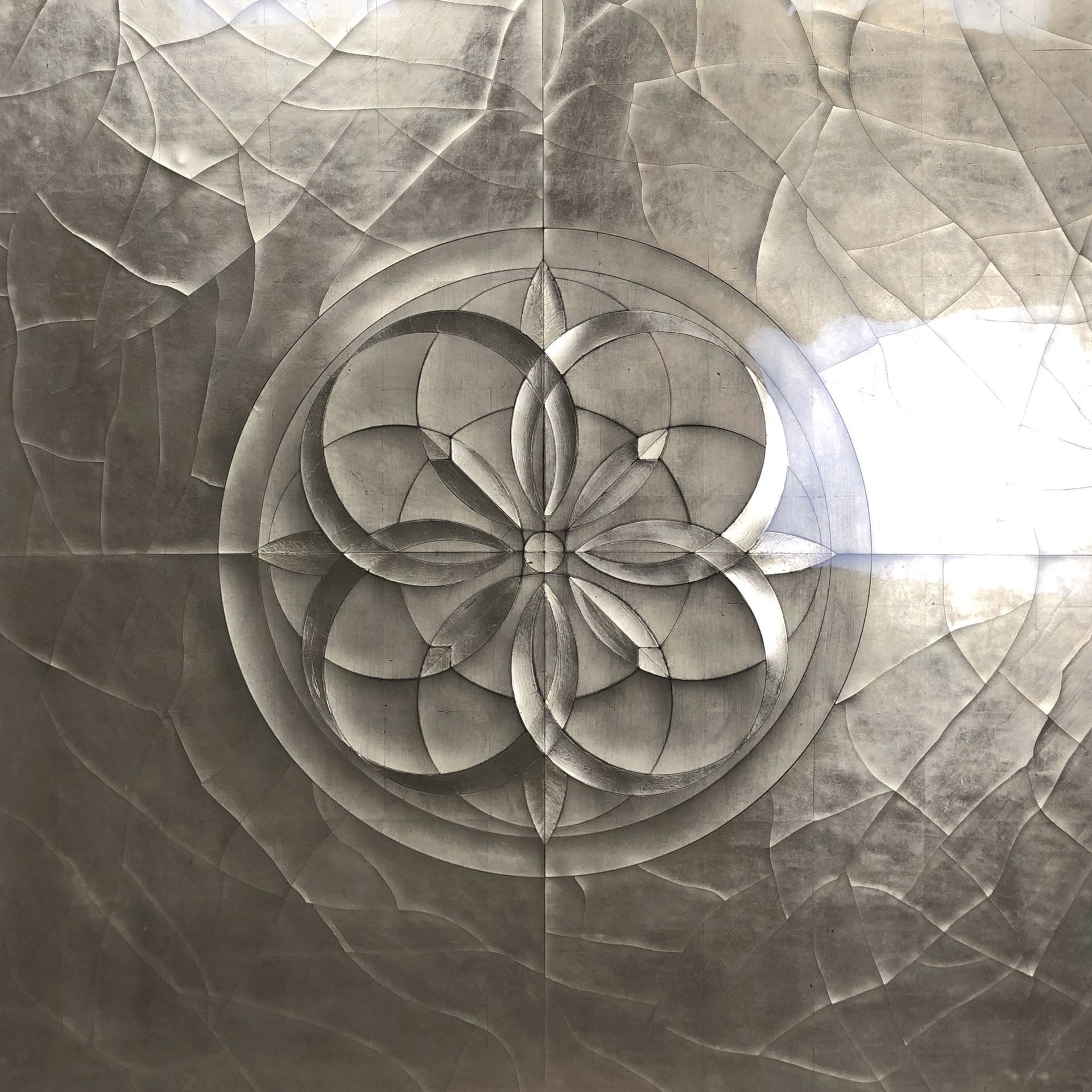 Lotus Moon Walnut Coffee table Lotus Moon cracked gesso artwork